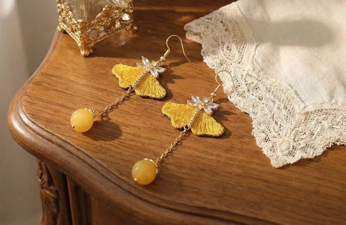 Embroidered Earrings|Handmade Yellow Butterfly Embroidered| 925 Sterling Silver